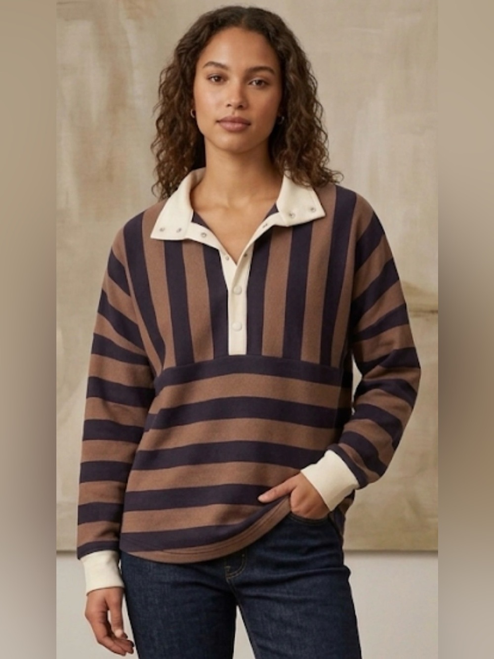SSYS Landon Color Block Stripe Rugby Top in Mocha Navy - Picture 8 of 8